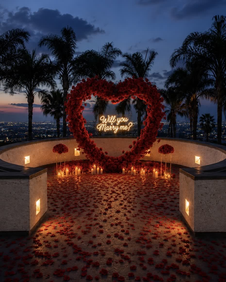 Express My Heart Red Holiday Inn: corazón de rosas iluminado con letrero neón para pedida de matrimonio en Querétaro — AYV Proposals