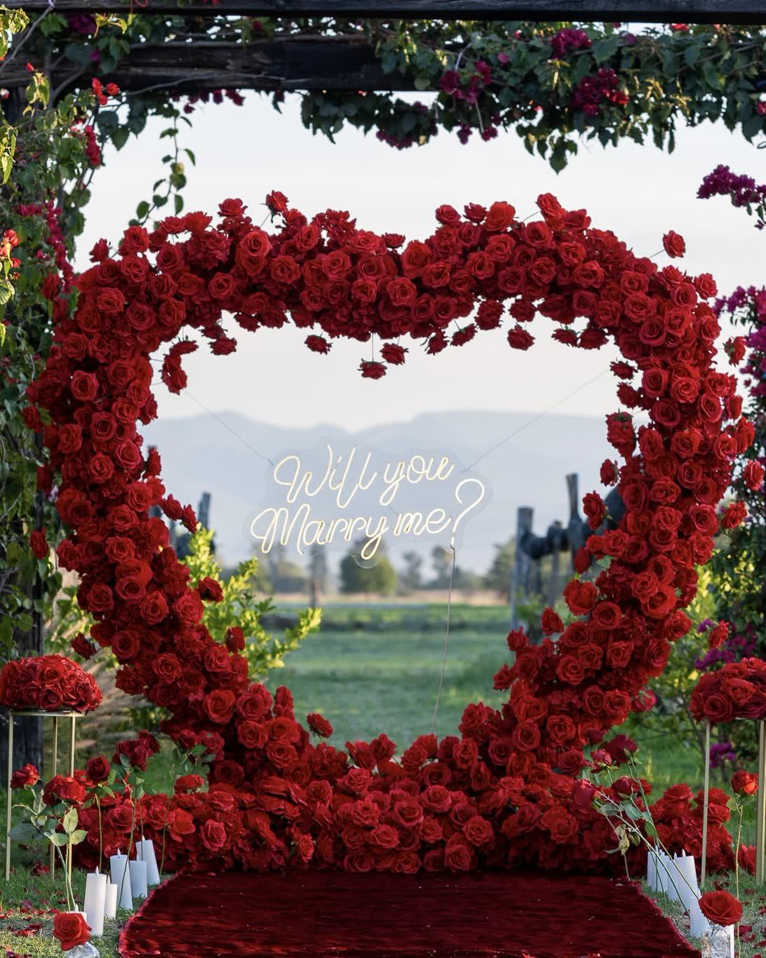 Express My Heart Red Viñedo: corazón de rosas iluminado con letrero neón para pedida de matrimonio en Querétaro — AYV Proposals