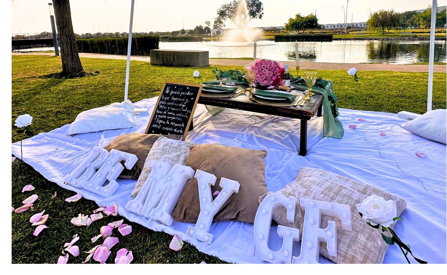 Picnic Noviazgo: letras gigantes iluminadas y corazón de rosas para pedida de noviazgo en Querétaro — AYV Proposals