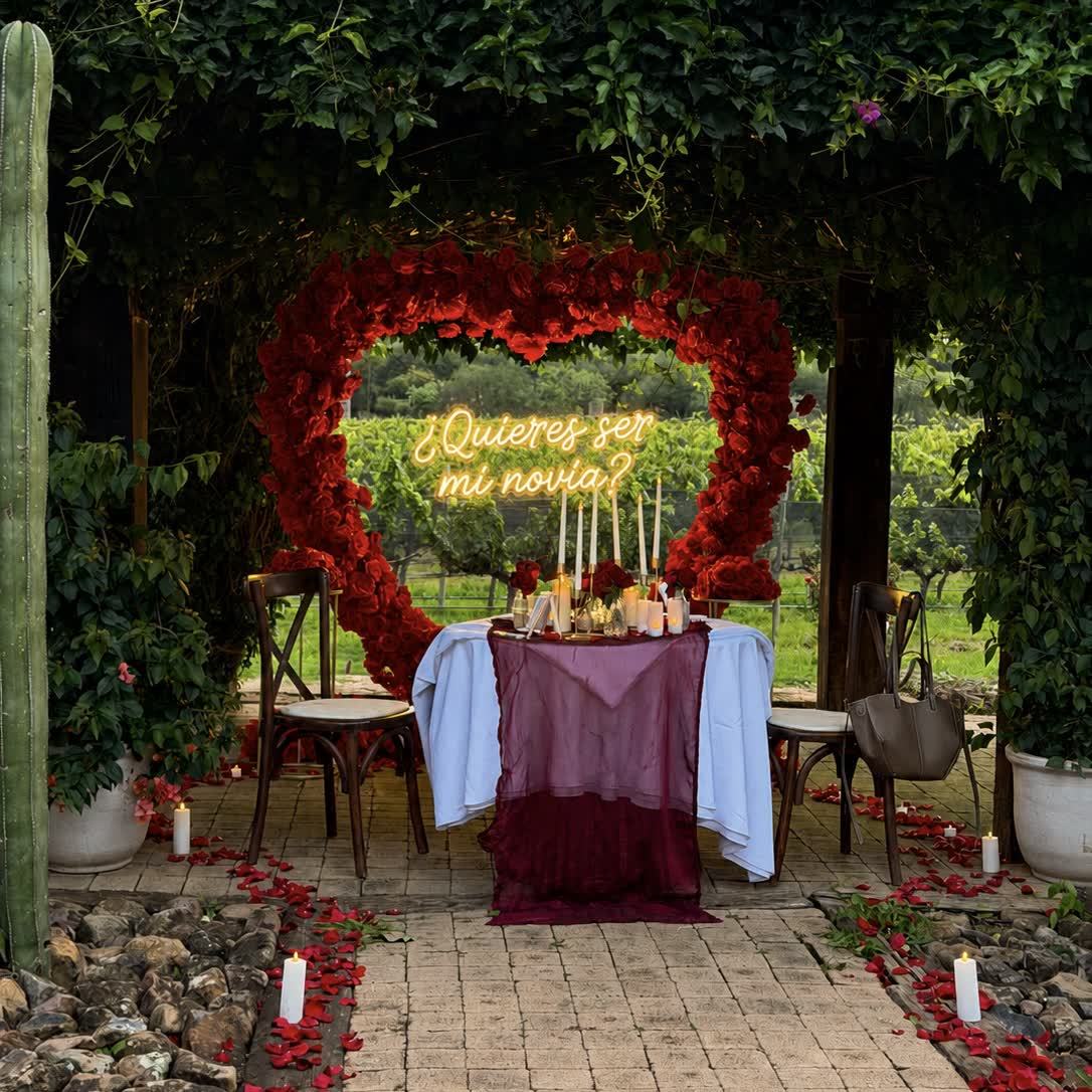 Corazón de rosas rojas con mesa romántica bajo arco de enredadera en viñedo