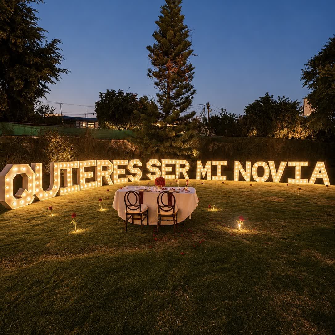 Letras gigantes iluminadas QUIERES SER MI NOVIA con mesa para dos al atardecer