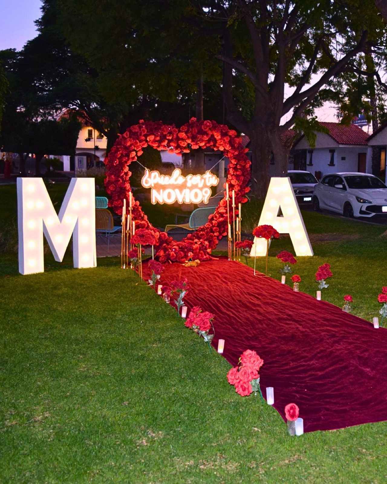 Corazón de rosas con neón en jardín